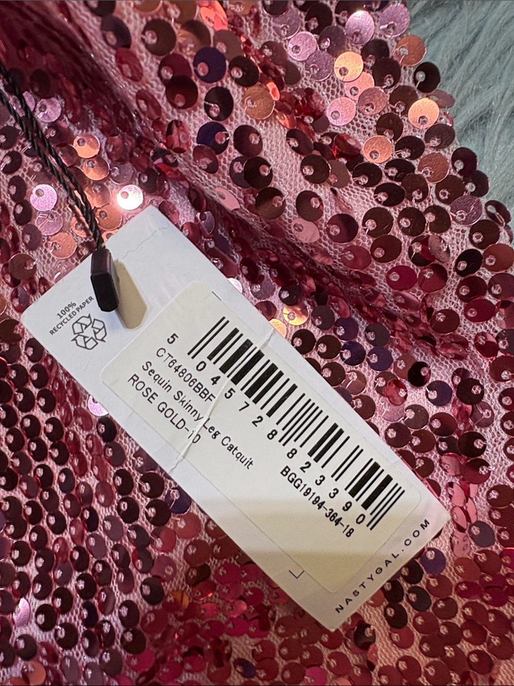 NWT Nasty Gal Rose Gold Sequin Skinny Leg Catquit Jumpsuit sz 6 - Picture 7 of 9